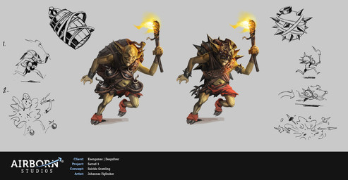 3_toes 4_fingers armlet armor belt blood bodily_fluids dangerous death explosion feet fingers fuse_bomb group headgear helmet humanoid_pointy_ears kamikaze male male_death not_furry pointy_ears running text toes torch johannes_figlhuber sacred_(video_game_series) sacred_3 thq_nordic gremlin humanoid 2012 concept_art digital_media_(artwork) english_text hi_res official_art sequence sketch