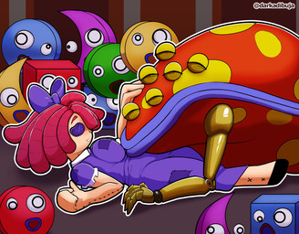 ambiguous_gender blue_lips button_eye clothing cuddling doll dress eyebrows female female/female group hair hand_on_head interspecies lips love lying markings mechanical_arms multi_eye on_back purple_bow purple_clothing purple_dress red_body red_eyebrows red_hair red_skin robotic_claws romantic romantic_couple short_hair size_difference smile spots spotted_body yellow_spots darkadibuja glitch_productions the_amazing_digital_circus gloink_queen ragatha_(tadc) animate_inanimate gloink humanoid living_doll monster worm hi_res
