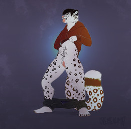 andromorph anthro anus big_clitoris blue_background bottomwear bottomwear_down clitoris clitoris_piercing clothed clothing clothing_lift facial_piercing forked_tongue fur genital_piercing genitals grey_body grey_fur hoodie hoodie_lift intersex looking_at_viewer markings nose_piercing nose_ring oral pants pants_down partially_clothed piercing presenting presenting_anus pubes ring_piercing simple_background solo spots spotted_body spotted_fur standing tongue tongue_piercing topwear vulva cremekuma jaydin_eversnow felid mammal pantherine snow_leopard absurd_res hi_res