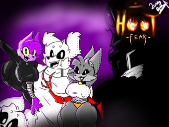 anthro apron apron_only black_clothing black_eyes clothing collar eyelashes eyewear female fur glasses green_pupils group hair hiding latex latex_clothing logo male male/male pupils purple_body purple_fur purple_hair robotic_arm robotic_arms white_body white_fur white_hair white_pupils lunnybunny19 kitty_(lunnybunny19) lunnet_(lunnybunny19) lunny_(lunnybunny19) domestic_cat felid feline felis lagomorph leporid mammal rabbit 4:3
