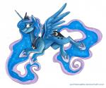 2015 blue_body blue_eyes blue_feathers blue_hair crown cutie_mark equid equine feathered_wings feathers female feral friendship_is_magic full-length_portrait hair hasbro headgear horn jewelry mammal my_little_pony mythological_creature mythological_equine mythology necklace portrait princess_luna_(mlp) simple_background solo sophiecabra sparkles white_background winged_unicorn wings