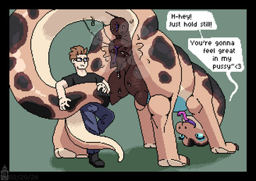animal_genitalia animal_vulva anus bestiality big_teats bodily_fluids canine_genitalia canine_vulva clothing crotch_breasts dialogue dominant dominant_female dominant_feral duo erection erection_under_clothing female female_feral feral forked_tongue genital_fluids genitals imminent_cunnilingus imminent_oral imminent_unbirth imminent_vore larger_dom larger_female larger_feral looking_at_another looking_back male male/female male_human puffy_anus raised_tail restrained size_difference smaller_human smaller_male speech_bubble tail tail_anus teats text thick_tail tongue vaginal_fluids vulva mustard_(welcometothevoid) mythology dylan_(dahwchooa) juniper_(dahwchooa) dragon human mammal mythological_creature mythological_scalie scalie digital_media_(artwork) english_text pixel_(artwork)