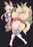 all_fours black_background blonde_hair bottomwear breasts butt clothing female hair legwear looking_at_viewer looking_back looking_back_at_viewer multi_tail simple_background skirt smile solo stockings tail underwear johan_(johan13) animal_humanoid canid canid_humanoid canine canine_humanoid fox_humanoid humanoid mammal mammal_humanoid 2019 hi_res