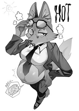 anthro anthro_pred belly big_belly big_breasts bloated bodily_fluids breasts clothed clothing duo eyewear female glasses hand_on_glasses hand_on_hip heat_(temperature) high-angle_view male male/female navel one_eye_closed oral_vore sweat text unwilling_prey vore voremaxx dreamworks the_bad_guys diane_foxington canid canine fox mammal digital_media_(artwork) english_text greyscale hi_res monochrome