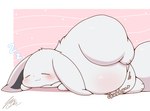 :3 abstract_background ambiguous_feral ambiguous_gender belly big_belly blush eyes_closed feral floppy_ears fur grey_inner_ear kemono lying monotone_body monotone_fur monotone_tail obese obese_ambiguous obese_feral on_side overweight overweight_ambiguous overweight_feral quadruped sleeping solo sound_effects tail thick_thighs vowelless vowelless_sound_effect white_body white_ears white_fur white_tail zzz takisan_oekaki nintendo pokemon eevee generation_1_pokemon mammal pokemon_(species) shiny_pokemon 2023 colored digital_media_(artwork) hi_res shaded signature simple_shading