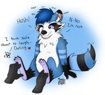 anthro blue_body blue_fur feet fur fuzzy male purple_eyes resisting slightly_chubby solo text tickle_fetish tickling tickling_feet ticklywolfie mammal procyonid raccoon english_text