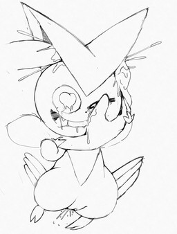 bodily_fluids crying cum cum_from_ear cum_in_ear cum_inside cum_through duo ear_penetration female feral genital_fluids genitals male male/female penetration penile penile_penetration penis penis_in_ear smile tears vulva cimche nintendo pokemon generation_5_pokemon legendary_pokemon pokemon_(species) victini absurd_res hi_res monochrome sketch