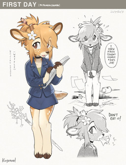 accessory anthro antlers beverage blush bodily_fluids broken_antler clothed clothing coffee coffee_mug crossdressing crossdressing_male eating eating_paper embarrassed femboy flower flower_in_hair fur hair hair_accessory hair_sticks hairpin hooves horn humor looking_at_viewer male open_mouth paper plant secretary simple_background smile solo spilled_drink suit_jacket sweat sweatdrop tail text young young_anthro koiyaroid koiyaroid_(character) deer mammal english_text hi_res