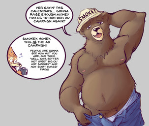 anthro barely_visible_genitalia barely_visible_penis belly bottomwear brown_body brown_fur camera clothed clothing dialogue duo fur genitals grey_background hand_behind_head hat headgear headwear male moobs navel nipples overweight overweight_male pants penis penis_base simple_background solo_focus text text_on_clothing text_on_hat text_on_headwear topless underwear undressing white_clothing white_underwear daxhush united_states_forest_service smokey_bear american_black_bear bear black_bear canid canine mammal ursine 2019 digital_media_(artwork) english_text