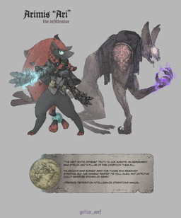 ambiguous_gender anthro armor big_hair biped black_text blue_eyes closed_smile duo fingers fur grey_background hair markings mouth_closed sharp_teeth simple_background smile standing teeth text tongue white_sclera goblin_serf nintendo pokemon pokemon_mystery_dungeon spike_chunsoft generation_5_pokemon mammal monster pokemon_(species) zoroark 2026 artist_name english_text hi_res