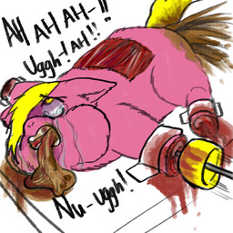 abuse ambiguous_feral ambiguous_gender animal_abuse blank_stare blonde_hair bodily_fluids bound crying dialogue exposed_muscle feces feral flayed food fur gore gore_focus hair hair_over_eye hooves impalement open_mouth pain pasta pink_body pink_fur pooping screaming solo spaghetti suffering tail tears teeth text torture vomit vomiting yellow_eyes yellow_hooves yellow_tail young young_feral yellowcottoncandy030 fluffy_pony fluffy_pony_(species) mammal 1:1 2025 digital_media_(artwork) english_text hi_res
