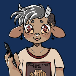 3_fingers ambiguous_gender anthro band-aid bandage bandage_on_face bandage_on_nose blush broken_horn brown_body brown_fur claws clothed clothing cross ear_piercing fingers food_print fur grey_hair grey_horn hair heart_eyes heart_symbol holding_object horn inverted_cross looking_at_viewer open_mouth orange_eyes piercing print_clothing print_shirt print_t-shirt print_topwear shirt simple_background smile solo t-shirt tablet_pen teeth text text_on_clothing text_on_shirt text_on_topwear topwear transparent_background manitka manitka_storm bovid bovine cattle mammal 1:1 2021 alpha_channel digital_media_(artwork) english_text hi_res nonbinary_(lore)