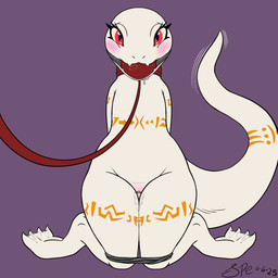 4_toes albino anthro arm_tattoo ball_gag bdsm big_tail blush bodily_fluids body_blush bondage bottom_heavy bound chest_tattoo claws clitoral_hood clitoris collar collar_only cute_fangs digitigrade drooling eyelashes fangs featureless_chest feet female female_anthro flat_chested front_view gag gagged genital_fluids genitals hands_behind_back hands_tied kneeling leash leashed_collar leg_tattoo legs_tied long_tail looking_at_viewer looking_up looking_up_at_viewer membrane_(anatomy) monotone_body nude orange_tattoo pear-shaped_figure pink_clitoris pupils purple_background red_collar red_eyes red_leash restraints rope rope_bondage saliva simple_background slit_pupils solo submissive submissive_anthro submissive_female tail tail_dimple tail_motion tail_tattoo tailwag tapering_tail tattoo teeth thick_tail thick_thighs thigh_gap thigh_tattoo toe_claws toes tribal tribal_tattoo vaginal_fluids vaginal_fluids_on_leg vulva vulva_blush webbed_feet white_body white_claws white_clitoral_hood white_outer_labia white_vulva wide_hips spe overlord_(series) crusch_lulu lizard lizardman lizardman_(overlord) reptile scalie 1:1 2025 absurd_res dated digital_drawing_(artwork) digital_media_(artwork) flat_colors hi_res procreate_(artwork) signature