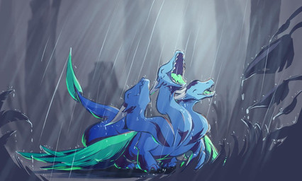 3_heads ambiguous_gender blue_body eyes_closed feral green_tongue happy micro multi_head open_mouth outside raining solo tongue siggymc european_mythology greek_mythology mythology hydra 2021