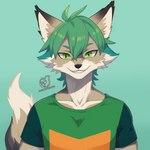 anthro chill clothing green_eyes green_hair hair happy male relaxing shirt smile solo t-shirt tail topwear olivialovesfur canid canine canis mammal wolf 1:1 absurd_res half-length_portrait hi_res portrait