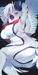 anthro beak big_breasts blue_eyes blue_tongue blush breasts crotch_tuft curvy_figure feathered_wings feathers featureless_breasts featureless_crotch female hair hands_behind_head kemono looking_at_viewer mostly_nude scarf slightly_chubby solo thick_thighs tongue tongue_out tuft voluptuous white_body white_hair wide_hips wings sen_light dervid_(taktian) avian bird canid canine fox hybrid mammal absurd_res digital_media_(artwork) hi_res