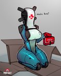 big_breasts bottomless breasts cardboard cleavage clothed clothing dialogue faceless_character faceless_humanoid female first_aid_kit glistening glistening_body grey_background holding_object machine medical_instrument not_furry scientific_instrument simple_background sitting text thick_thighs three-quarter_view wide_hips psyk323 android humanoid robot robot_humanoid hi_res watermark