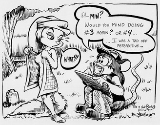 anthro bath breasts clothing dialogue duo female hat headgear headwear male navel nipples nude one_breast_out tail text towel towel_on_head towel_wrap water mitch_beiro animaniacs warner_brothers minerva_mink mammal mink mustelid musteline true_musteline 1999 english_text monochrome