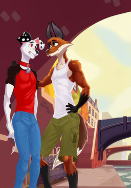 aged_up anthro anthrofied athletic athletic_male bottomwear clothed clothing collar eye_contact fangs fur looking_at_another male nipple_slip nipples outside pants shirt shorts smile solo spots standing tail tank_top teeth topwear dal101strefan 101_dalmatian_street 101_dalmatians disney dylan_(101_dalmatians) fergus_(101_dalmatians) canid canine canis dalmatian domestic_dog fox mammal red_fox true_fox digital_media_(artwork) hi_res