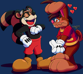 3_toes 4_fingers anthro big_feet big_tongue bottomwear cartoon_gloves clothing duo eyewear eyewear_on_head feet fingers footwear glasses goggles goggles_on_head heart_eyes heart_symbol male male/male open_mouth paws red_tongue scarf shirt shoes shorts tail toes tongue toony topwear uvula wearing_glasses wearing_gloves whiskers wide_tongue marquis2007 acecraft ekko_(acecraft) roderick_(tamerkoh) lagomorph leporid mammal procyonid rabbit raccoon absurd_res alpha_channel hi_res