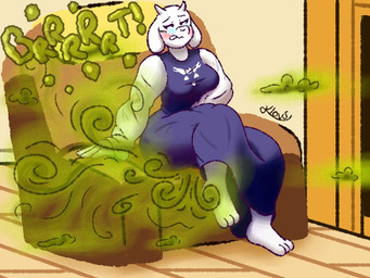 2_horns anthro arm_support barefoot big_butt blush breasts butt clenched_teeth clothed clothing delta_rune_(emblem) embarrassed eye_roll eyelashes eyewear fart fart_cloud fart_fetish feet female furniture glasses green_fart_cloud hand_on_belly holding_stomach horn inside leaning mature_anthro mature_female medium_breasts narrowed_eyes on_sofa onomatopoeia raised_leg relieved robe sitting sitting_on_sofa sofa solo sound_effects straining symbol symbol_on_clothing teeth text wearing_glasses wide_hips klovs undertale undertale_(series) toriel boss_monster_(undertale) bovid caprine goat mammal 2024 4:3 alternate_version_at_source digital_media_(artwork) signature