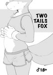 2022 anthro black_and_white bodily_fluids bottomwear bulge canid canine clothing comic cover cover_art cover_page crop_top fox gloves handwear hotpants male mammal miles_prower monochrome sega shirt shorts snofu solo sonic_the_hedgehog_(series) sweat topwear young