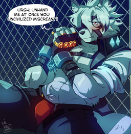 abs angry anthro bdsm black_bottomwear black_clothing black_nose black_pants blush bondage bottomwear bound bulge butler captured chain chain-link_fence chained clothing cuff_(restraint) dialogue fence fur hair handwear harness male metal_cuffs muscular muscular_anthro muscular_male muscular_sub pants red_clothing red_underwear restrained restraints shackles sitting solo speech_bubble submissive submissive_male text tuft underwear white_body white_fur white_hair k1ngl30n mihoyo zenless_zone_zero von_lycaon canid canine canis mammal wolf 2022 english_text hi_res
