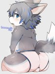 anthro belly belly_markings black_nose blue_clothing blue_eyes blue_highlights blue_markings blue_underwear blush bodily_fluids bulge cheek_tuft clothed clothing dipstick_ears dipstick_tail ear_markings eyebrows eyewear facial_tuft fangs fur glasses grey_body grey_ears grey_fur grey_hair grey_tail hair highlights_(coloring) looking_back male markings multicolored_clothing multicolored_ears multicolored_tail multicolored_underwear musk musk_clouds open_mouth pivoted_ears round_glasses simple_background sitting solo sweat tail tail_markings teeth tongue_showing tuft two_tone_clothing two_tone_underwear underwear underwear_only wearing_glasses white_background white_body white_clothing white_ear_tips white_eyebrows white_fur white_inner_ear white_tail_tip white_underwear young young_anthro young_male shouka_2810 canid canine mammal 3:4 hi_res