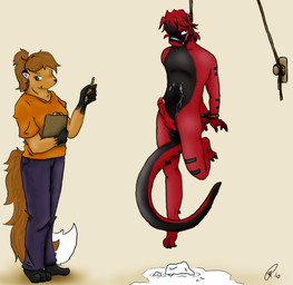 abstract_background anthro asphyxiation balls black_body black_claws black_skin blue_bottomwear blue_clothing blue_pants bodily_fluids bottomwear bound brown_body brown_fur claws clipboard clothed clothing crying cum cum_from_penis duo erection erotic_asphyxiation female fully_clothed fur genital_fluids genitals green_eyes hair hands_tied hanged happy humanoid_genitalia humanoid_penis ice imminent_death male noose nude orange_clothing orange_shirt orange_topwear orgasm pants pencil_(object) penis ponytail puddle red_body red_skin scared shirt smile snuff standing submissive submissive_male taped_mouth tears topwear white_body white_fur aemi furx_(character) canid canine fox lizard mammal red_fox reptile scalie true_fox 2010 digital_drawing_(artwork) digital_media_(artwork) signature story story_in_description