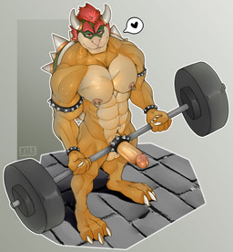 2_horns 3_toes 5_fingers abs accessory anthro armband barbell bracelet brown_body claws cock_ring countershading deadlift exercise feet fingers genitals hair heart_symbol high-angle_view horn humanoid_genitalia humanoid_hands humanoid_penis jewelry male muscular muscular_anthro muscular_arms muscular_male nipple_piercing nipple_ring nipples nude nude_workout pecs penis penis_accessory penis_jewelry piercing pink_nipples red_eyes red_hair ring_piercing shell solo spiked_armband spiked_bracelet spiked_cock_ring spiked_shell spikes spikes_(anatomy) standing toes vein weightlifting white_claws workout mrsleepyskull mario_bros nintendo bowser koopa scalie 2020 absurd_res hi_res signature