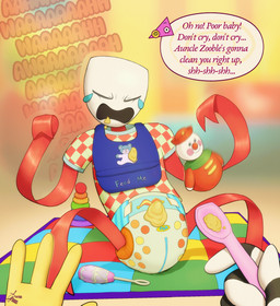 adult_baby baby_food bib bodily_fluids circus clothed clothing crying dialogue diaper female mask ring_stacker solo tears text wearing_diaper wetness_indicator pampermousse glitch_productions the_amazing_digital_circus gangle_(tadc) zooble_(tadc) animate_inanimate humanoid living_mask 2026 absurd_res digital_media_(artwork) english_text hi_res nonbinary_(lore)