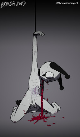 anthro blood bodily_fluids death fur genitals gore grey_body grey_fur humanoid_genitalia humanoid_penis kneeling male penis raised_arm solo text wounded bravobunny mammal artist_name full-length_portrait hi_res portrait