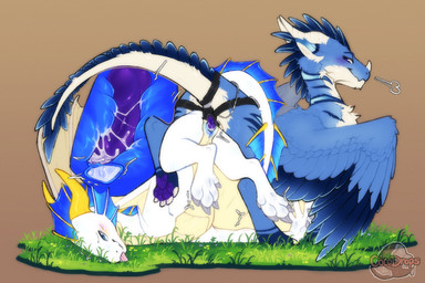 blue_body blue_eyes blue_feathers blue_fur blue_vulva duo facial_horn feathers female female/female feral fur genitals grass horn internal internal_vaginal nose_horn penetration pink_tongue plant purple_eyes scales sex sex_toy squirting_dildo strapon strapon_sex tongue toying_partner uterus vaginal vaginal_penetration ventral_scales vulva white_body white_fur white_nose_horn white_scales yellow_body yellow_scales cocodrops_(artist) european_mythology mythology dragon furred_dragon furred_scalie mythological_creature mythological_scalie scalie western_dragon wyvern 3:2
