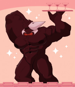 abs anthro biceps big_muscles big_pecs bow_tie cocktail_glass container cup drinking_glass eyes_closed fur glass glass_container glass_cup hand_behind_head holding_object holding_plate huge_muscles male mask muscular muscular_anthro muscular_male navel nipples nude pecs pink_background plate simple_background solo sparkles standing tuft vein splashburr deltarune undertale_(series) avian darkner swatchling 2021 absurd_res hi_res