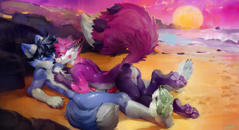 anthro anthro_on_anthro arm_tuft black_claws black_hair black_nose blue_body blue_eyes blue_fur blue_tail butt claws dipstick_tail duo ear_piercing ear_ring elbow_tuft fluffy fluffy_tail fur glistening glistening_eyes gloves_(marking) green_pawpads hair imminent_sex leg_markings male male/male markings narrowed_eyes pawpads piercing pink_body pink_eyes pink_fur pink_sky pink_tail purple_body purple_fur purple_tail rainbow_piercings ring_piercing rock sand seaside sky socks_(marking) sun tail tail_markings tuft white_tail oselotti 2022 absurd_res hi_res signature