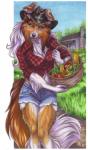 anthro basket blue_eyes blush bottomwear breasts cleavage clothed clothing container country cowboy_hat denim denim_clothing farm farmer female food garden hat headgear headwear herding plant pose ranch shirt shorts solo tied_shirt topwear vegetable cockiestspaniel jezel canid canine canis collie domestic_dog herding_dog mammal pastoral_dog sheepdog 2014 pinup