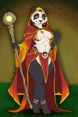 ankle_wraps anthro belly belt big_breasts black_hair bottomwear breasts cape cleavage cloak clothed clothing colored_nails female gem glyphs hair hood_up loincloth looking_at_viewer magic multicolored_body nails orange_eyes orb priest robe simple_background smile smiling_at_viewer snaggle_tooth solo staff standing deerwalker blizzard_entertainment european_mythology greek_mythology mythology warcraft avian bear giant_panda mammal mythological_avian mythological_bird mythological_creature mythological_firebird pandaren phoenix absurd_res flat_colors hi_res