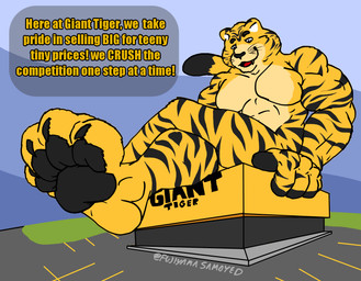 abs advertisement anthro feet foot_focus hindpaw macro male muscular muscular_anthro muscular_male parking_lot pawpads paws pecs perspective simple_background sitting_on_building smile solo supermarket text fujiyama_samoyed giant_tiger_canada giant_tiger_(mascot) felid mammal pantherine tiger 2023 digital_media_(artwork) english_text