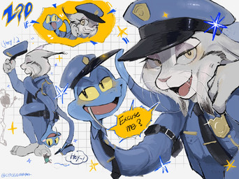 anthro blue_body blue_scales clothing duo fangs feral fur grey_body grey_fur male necktie paws pointy_ears police police_badge police_hat police_officer police_uniform scales teeth uniform yellow_eyes cyasyuda disney zootopia gary_de'snake pawbert_lynxley canada_lynx felid feline lynx mammal mouse murid murine pit_viper reptile rodent scalie snake viper hi_res