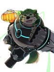anthro armor belly canid canine canis clothing domestic_dog eyebrows eyewear fur gauntlets gloves goggles green_body green_eyes green_fur handwear hi_res lifewonders live_a_hero male mammal mokdai overweight punch simple_background solo superhero thick_eyebrows toto3_official white_background
