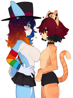 5_fingers anthro anthro_on_anthro arm_warmers armwear biped black_bottomwear black_clothing black_collar black_eyewear black_glasses black_hair black_hat black_headwear black_skirt blue_body blue_fur blue_hair bottomwear breast_envy breast_size_difference breasts closed_smile clothed clothed_anthro clothed_female clothing collar duo ear_piercing eyewear female female/female female_anthro fingers fur furgonomic_hat furgonomic_headwear furgonomics glasses gloves green_eyes hair hands_on_hips handwear hat headgear headwear hotpants long_hair looking_at_another looking_at_another's_breasts looking_at_breasts looking_down looking_down_at_breasts midriff miniskirt mouth_closed multicolored_arm_warmers multicolored_armwear multicolored_body multicolored_clothing multicolored_fur multicolored_hair orange_body orange_fur orange_hair pattern_arm_warmers pattern_armwear pattern_clothing piercing rainbow_arm_warmers rainbow_armwear rainbow_clothing red_hair short_hair shorts side_view simple_background size_difference skirt smile smiling_at_another smirk smirking_at_another star striped_armwear striped_body striped_clothing striped_fur stripes tail top_hat topless topless_anthro topless_female two_tone_body two_tone_fur wearing_glasses white_background white_body white_clothing white_fur white_gloves white_handwear yoako aeiou_(yoako) cupcake_(yoako) domestic_cat felid feline felis lagomorph leporid mammal rabbit 2024 digital_media_(artwork) hi_res