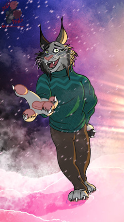 anthro bottomwear brown_bottomwear brown_clothing brown_pants clothing creepy_smile fur green_clothing green_eyes green_sweater green_topwear grey_body grey_fur hand_out hand_outstretched imminent_death inviting_viewer light_source male pants paws pink_lighting pointy_ears smile snow snowing solo sweater topwear venom venom_injector dante_paws disney zootopia pawbert_lynxley canada_lynx felid feline lynx mammal absurd_res hi_res