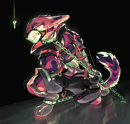 ambiguous_gender anthro bdsm bound captured chain chain_leash chained clothing crop_top female growling hands_tied harness key latex latex_clothing leash muzzle_(object) muzzled paw_mitts prisoner shackled_ankles shirt solo streetwear struggling techwear topwear butcherfangs felid feline mammal serval absurd_res hi_res