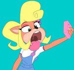 anthro blonde_hair clothing female green_eyes hair making_faces mouth_shot open_mouth overalls selfie solo tongue tongue_out uvula lecigzz activision crash_bandicoot_(series) coco_bandicoot bandicoot mammal marsupial 2017 hi_res