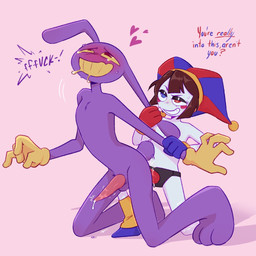 anal anal_penetration animal_genitalia anthro balls bodily_fluids brown_hair clothing cum cum_drip dialogue dildo dildo_in_ass dildo_insertion dominant dominant_female dripping duo ear_pull erection female female_penetrating female_penetrating_male fool's_hat fur genital_fluids genitals gloves grin hair handwear hat headgear headwear heart_symbol interspecies kneeling larger_sub looking_pleasured male male/female male_penetrated moan mostly_nude object_in_ass pegging penetration penis purple_body purple_fur sex sex_toy sex_toy_in_ass sex_toy_insertion simple_background size_difference skinny_anthro skinny_male slim small_balls smaller_female smile strapon submissive submissive_male tapering_penis teeth text toying_partner white_body yellow_eyes pr0blem_pup glitch_productions the_amazing_digital_circus jax_(tadc) pomni_(tadc) humanoid lagomorph leporid mammal rabbit 1:1 2025 digital_media_(artwork) english_text hi_res