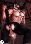 abs anthro anus balls bodily_fluids butt genital_fluids genitals holding_tail horn humanoid_genitalia humanoid_penis male muscular muscular_anthro muscular_male nipple_piercing nipples penis piercing precum presenting presenting_hindquarters saggy_balls solo tail tongue tongue_out wings mrparlon devilman_(series) devilman_(character) demon hi_res