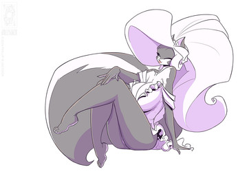 anthro big_breasts blouse breasts cleavage clothed clothing crossed_legs female hair inner_ear_fluff one_eye_closed sitting smile solo topwear tuft wink conditional_dnp jollyjack chloe_sinclaire mammal mephitid skunk 2026