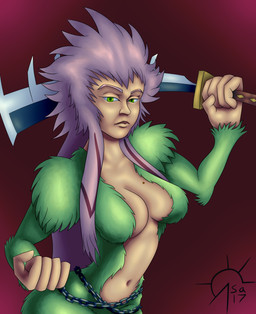 breasts chain cleavage clothed clothing female fur green_body green_eyes green_fur hair melee_weapon pink_hair solo sword weapon sacrificabominat bleach_(series) zabimaru_(bleach) animal_humanoid haplorhine humanoid mammal monkey primate zanpakuto absurd_res hi_res