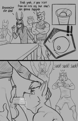 2_panel_comic anthro backwards_hat balls baseball_cap beer_pong bet_result bottomwear cargo_pants clothing dialogue erection eyewear fellatio genitals glasses group half-closed_eyes hat headgear headwear humanoid_genitalia humanoid_penis losing_bet lost_bet male male/male muscle_tone muscular muscular_anthro muscular_male narrowed_eyes open_mouth open_smile oral oral_penetration pants pecs penetration penile penis sex shorts smile smirk smug smug_face smug_grin speech_bubble text vein veiny_penis kostos_art eugene_(cobalt_cougar) asinus canid canine canis domestic_dog donkey equid equine mammal comic english_text greyscale hi_res monochrome