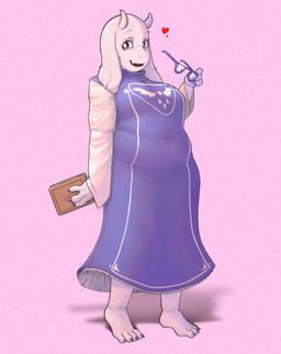 anthro belly book clothing dress eyewear female floppy_ears glasses heart_symbol holding_book holding_eyewear holding_glasses holding_object horn looking_aside lop_ears navel_outline overweight overweight_anthro overweight_female slightly_chubby smile solo white_body myosotisned undertale_(series) toriel boss_monster_(undertale) bovid caprine goat mammal absurd_res digital_media_(artwork) hi_res